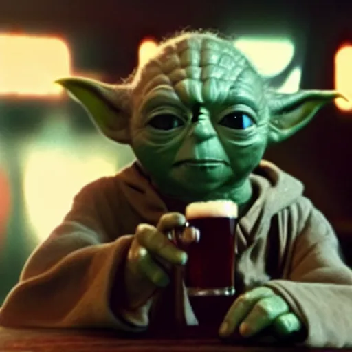 Image similar to film still of yoda drinking beer in a bar in the new star wars movie 4 k