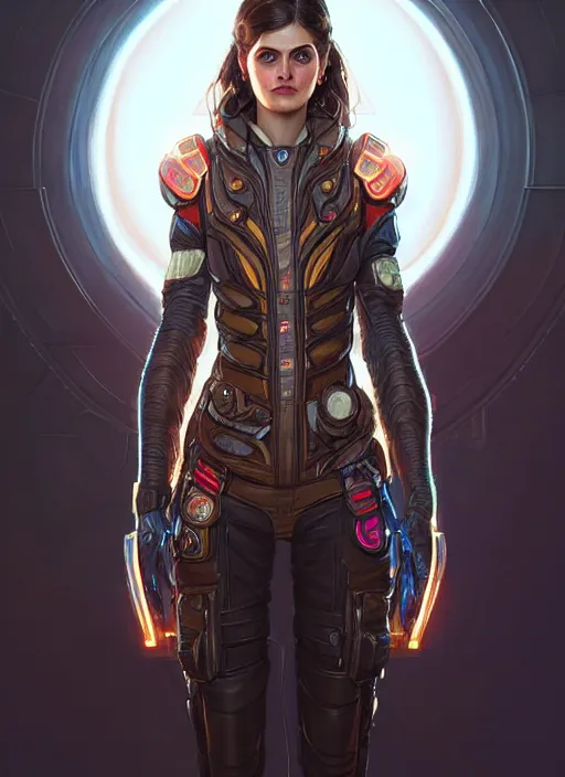 Image similar to portrait of apex legends alexandra daddario, intricate, elegant, glowing lights, highly detailed, digital painting, artstation, glamor pose, concept art, smooth, sharp focus, illustration, art by artgerm and greg rutkowski, artey freytag