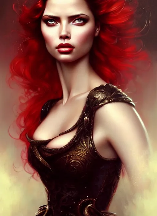 Prompt: a beautiful woman with baroque dress, red hair, adriana lima, painted by artgerm and tom bagshaw, fantasy art, dramatic lighting, highly detailed oil painting