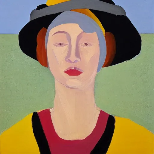 Prompt: woman with hat, by Alex Katz, colorful, friendly, oil on canvas