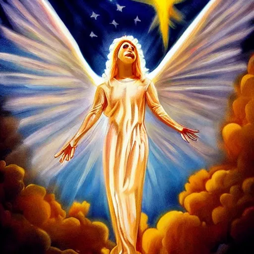 Image similar to church painting of lady gaga angel in heaven, super realistic, celestial, miraculous, sun rays, award winning