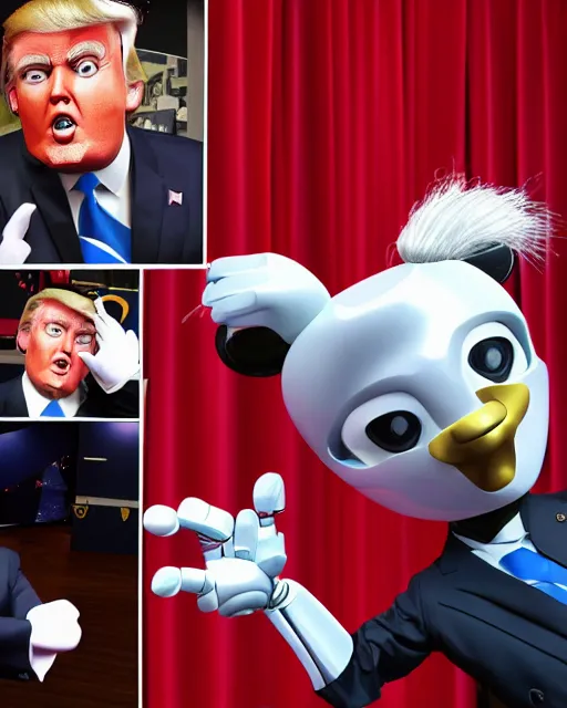 Image similar to Donald Trump as an animatronic Robot, Hyperreal, highly detailed hands and Face, Studio Lighting, in the Style of Disney Imagineering