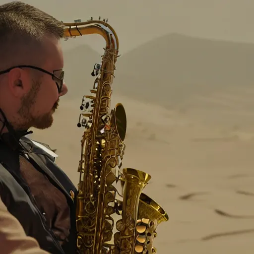 Image similar to metal cyborg playing saxophone in the desert, 8 k, movie still