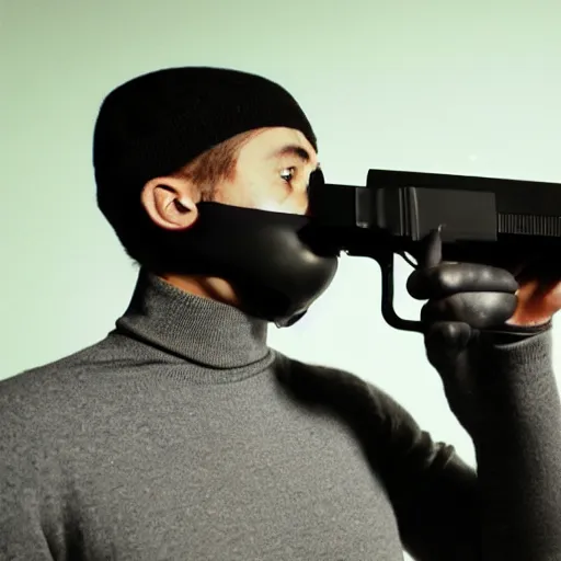 Prompt: A man in a black turtleneck sweater pointing a gun equipped with a silencer at the camera