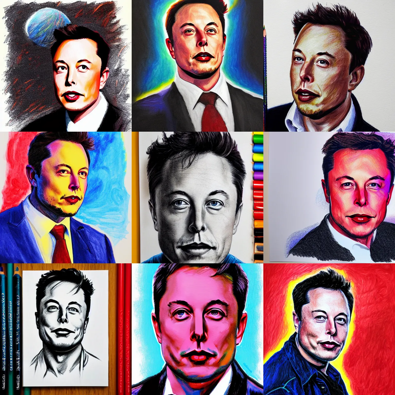 Prompt: portrait of elon musk using crayons on white paper