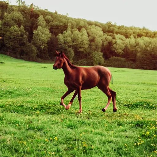 Prompt: a photo of a centaur walking alone in a green field with nice bright weather