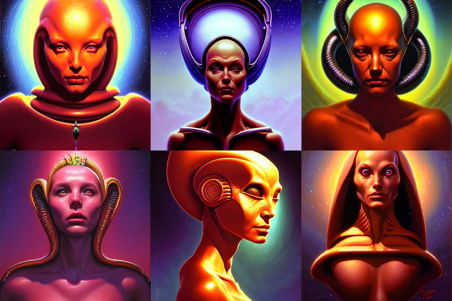 Prompt: cinematic bust portrait of elegant female extraterrestial queen, head and chest only, alien features, by Tim Hildebrandt, by Wayne Barlowe, by Bruce Pennington, by donato giancola, by Paul Lehr, oil on canvas, masterpiece, trending on artstation, featured on pixiv, cinematic composition, dramatic pose, beautiful lighting, sharp, details, hyper-detailed, HD, HDR, 4K, 8K