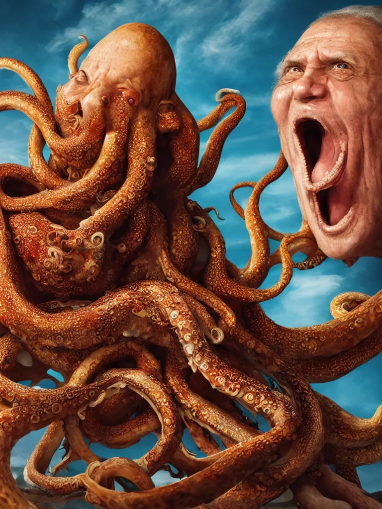 Image similar to a widescreen colorchrome closeup detailed portrait photo of a medieval old happy screaming priest, holding a detailed detailed detailed giant giant octopus, style steve mccurry octane render 8 k