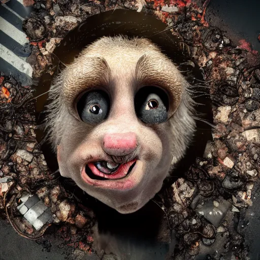 Image similar to a rat with donald trump face, filthy, sewer, garbage, worms, ugly, smooggy, dirty, grotesque, apocalyptic, cinematic, volumetric illumination, octane render, 8 k,