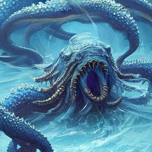 Image similar to A blue Kraken in the sea, highly detailed, fantasy art, female art, in the style of greg rutkowski, illustration, epic, fantasy, intricate, hyper detailed, artstation, concept art, smooth, sharp focus, ray tracing