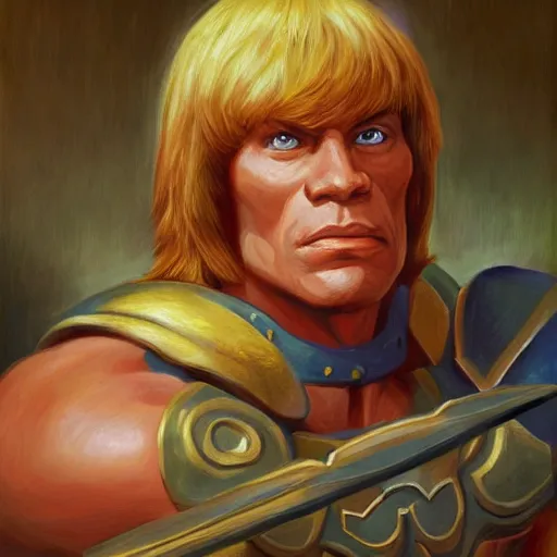 Prompt: portrait painting of he - man, ( art by kenne gregoire ), 4 k,, highly detailed, epic lighting