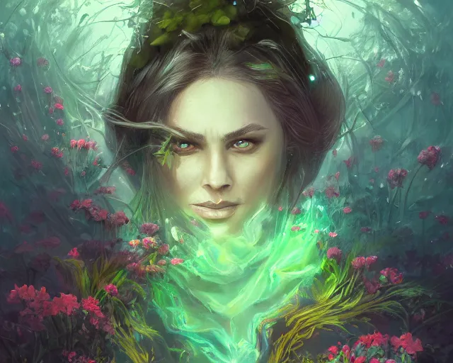 Prompt: spring, green, colorful flowers, detailed portrait painting of irreconcilable personification by anato finnstark, noah bradley, raymond swanland, and steven belledin, cinematic lighting, highly detailed, digital painting, trending on artstation, pixiv, concept art, sharp focus, illustration