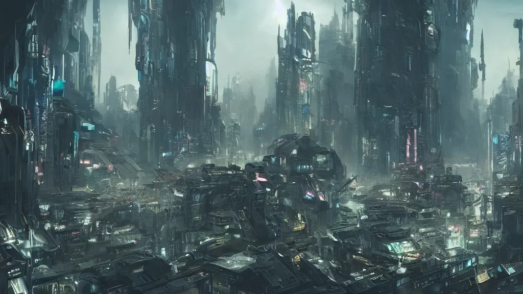 Image similar to a vast alien city, bustling and alive, futuristic, biological, cyberpunk, sinister, lightening and smog, dust, ultra realistic, hyper detailed, concept art, cinematic, wide lens,