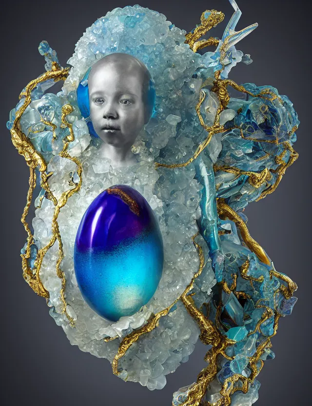 Prompt: a photo of a sculpture of a winged child made from blue and emerald and amethyst crystal geode formations with a marble egg with obsidian base with liquid gold tendrils flowing by ellen jewett by stanisław szukalski, octane render, byzantine, recursive, tendrils, elestial crystals, geode,