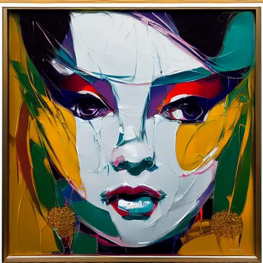 Image similar to portrait of geisha, silver and gold by francoise nielly