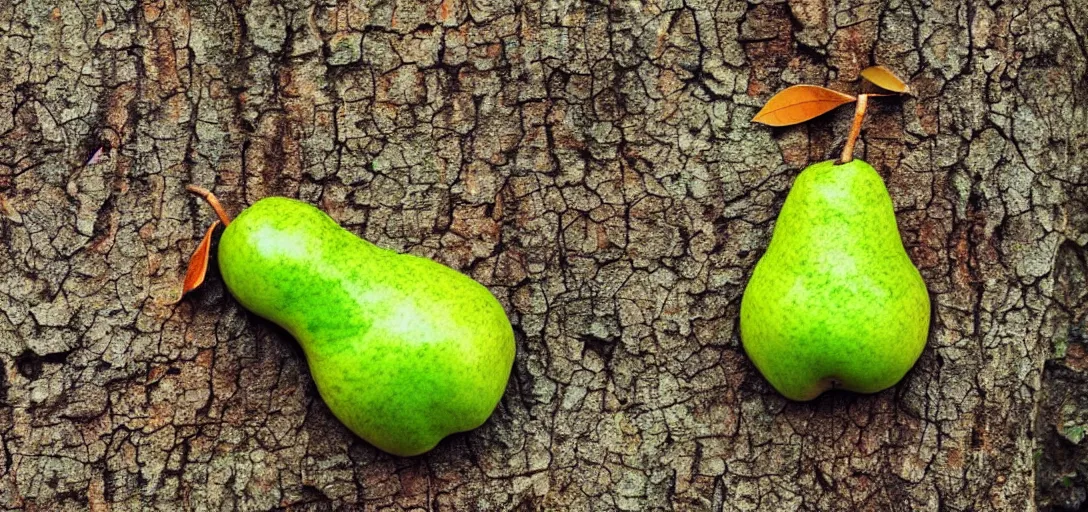 Image similar to a cute green pear animal walking in front of a forest, and looking at the camera; pear skin; nature photography