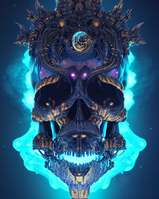 Image similar to 3 d ornate carved dark cosmic king with profile portrait, sigma 5 0 0 mm f / 5. beautiful intricate highly detailed quetzalcoatl skull. bioluminescent, plasma, lava, ice, water, wind, creature, thunderstorm! artwork by tooth wu and wlop and beeple and greg rutkowski, 8 k trending on artstation