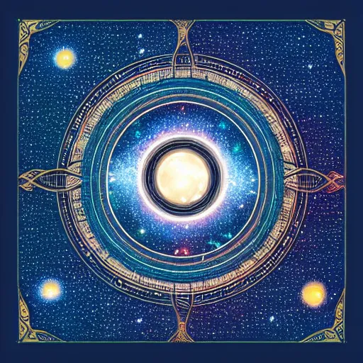 Image similar to a beautiful celestial sky with stars, planets and galaxies in the style of illuminated manuscript, circular abstract border with curly symmetrical designs, trending on artstation