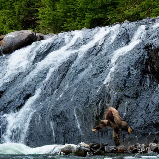 Image similar to dozens!!! of bears!!! catching salmon on a small waterfall in alaska, detailed, wide angle, 4 k