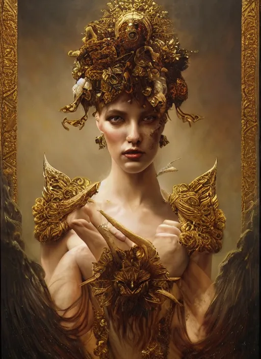 Image similar to highly detailed oil painting | very intricate | cinematic lighting | award - winning | portrait of the goddess of war dressed by alexander mcqueen | by roberto ferri, by tom bagshaw, by j. c. leyendecker and klimt, american romanticism, by austin osman spare, artstation, cgsociety, official art, octane