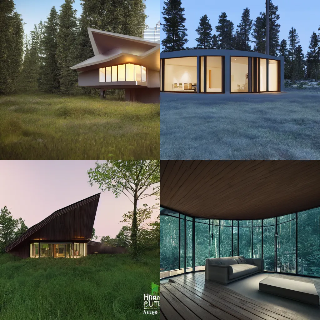 Image similar to a house in the middle of the forest, lights inside, contemporary architecture, architecture render, unreal engine, detailed