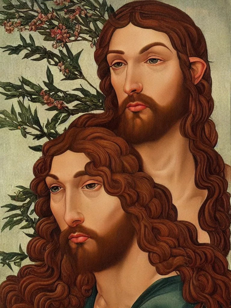Image similar to Portrait of an elven Jesus. Oil painting in the style of Botticelli. Fantasy art.