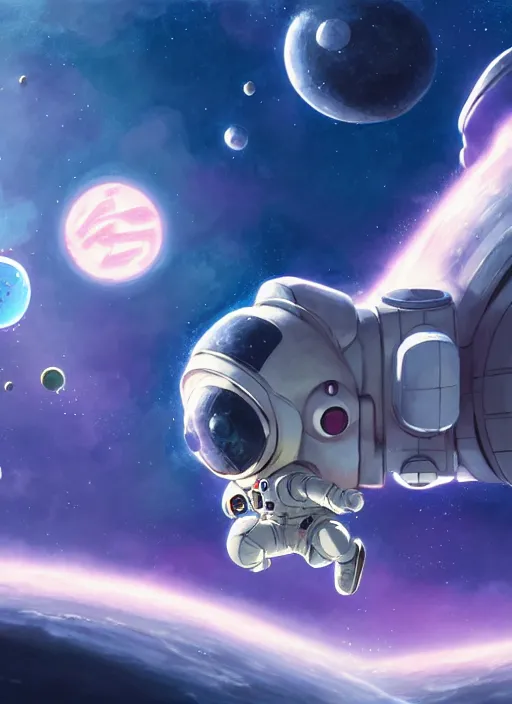 Prompt: a still of a cute kawaii astronaut android floating around a large biomechanical kaiju dragon, nebulous background of dynamic space, a dramatic composition by wlop and greg rutkowski and makoto shinkai and studio ghibli and kyoto animation cute bubbly clothing, highly detailed, digital painting, matte