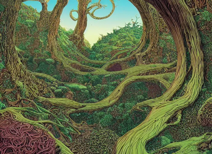 Prompt: highly detailed image by moebius and roger dean of the forest of mœbdean, digital art