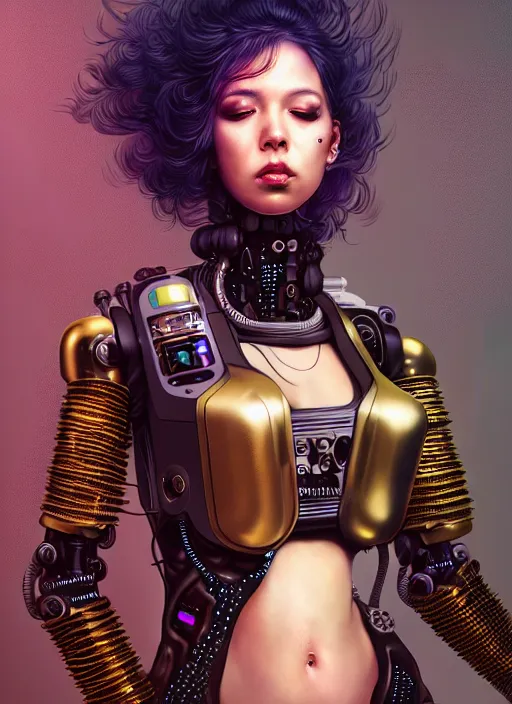 Image similar to soft lustrous full body ebony biotech raver gutter punk cyberpunk robot bioweapon, golden ratio, details, scifi, fantasy, cyberpunk, intricate, decadent, highly detailed, digital painting, octane render, artstation, concept art, smooth, sharp focus, illustration, art by artgerm, loish, wlop