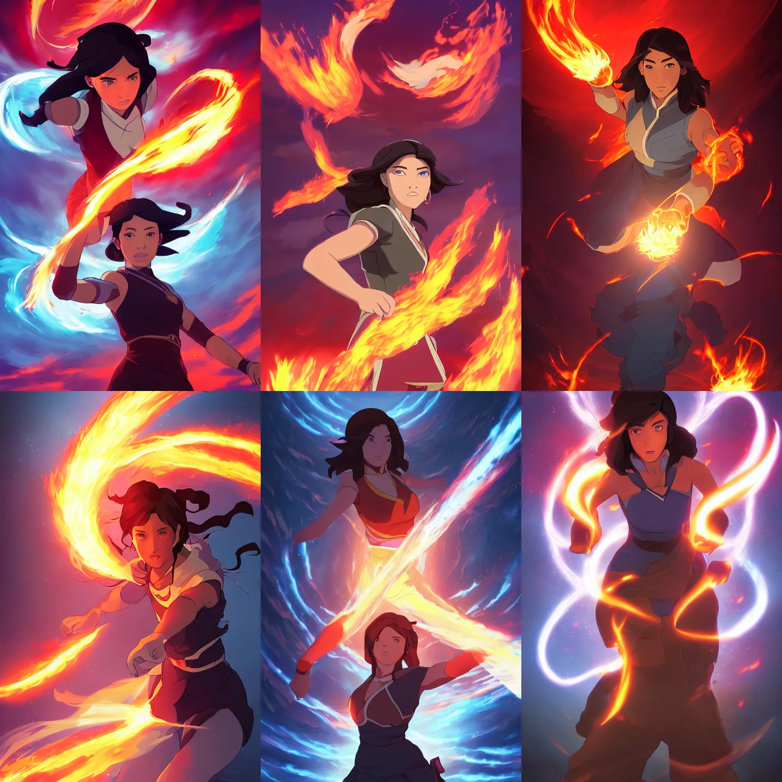 Prompt: a portrait of Korra firebending, fireball lighting her face from below, streaks of fire embers, legend of Korra setting, vivid colors, warm lighting, atmospheric, cinematic, moody, in the style of Ilya Kuvshinov and Range Murata, Krenz Cushart, rule of thirds, oil on canvas, 8k