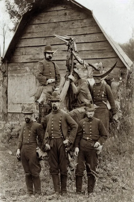 Prompt: lost photo of Civil War soldiers standing in front of a barn posing with a dead Pteranodon, sepia,