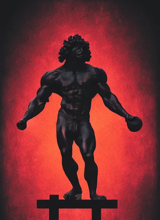 Image similar to black design poster showing a statue of hercules, black background with very subtle red and purple design elements, powerful, nekro, vito acconci, thin straight lines, dark, glitch art, neo vaporwave, gritty, layout frame, square, trending on artstation