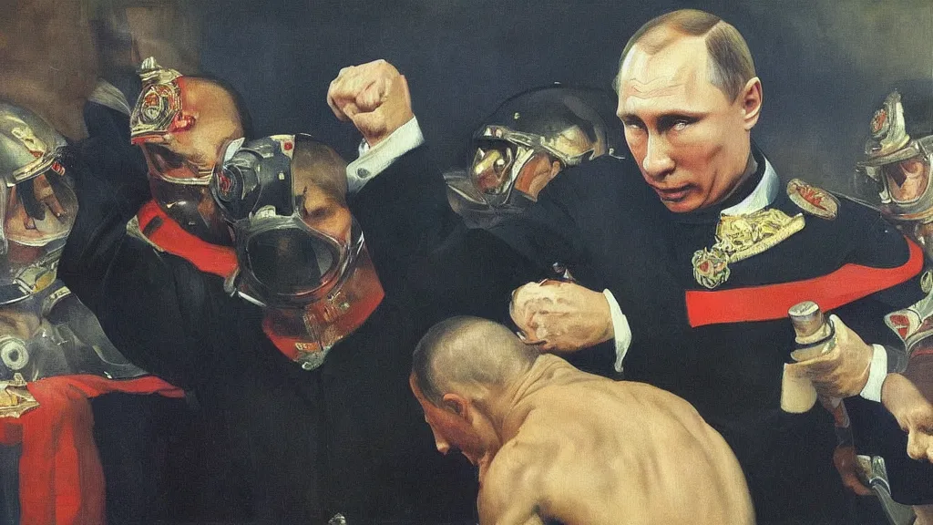 Prompt: Vladimir Putin fights against coronavirus. battle genre of painting