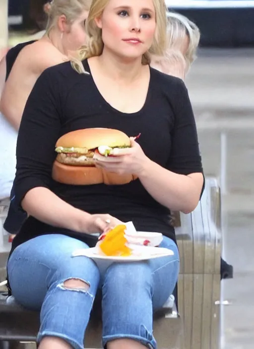 Prompt: chonky chubby kristen bell sitting eating a hamburger with her belly sticking out of her shirt