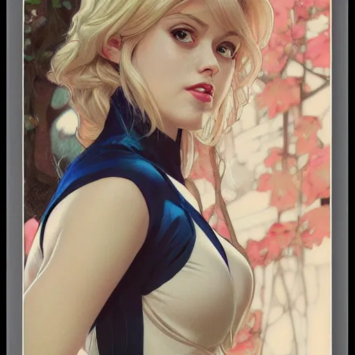 Prompt: gwen stacy with silk robe with decollete and bra | | big eyes, realistic shaded, pleasant face, fine details, realistic shaded lighting poster by greg rutkowski, artgerm, kyoto animation and alphonse mucha