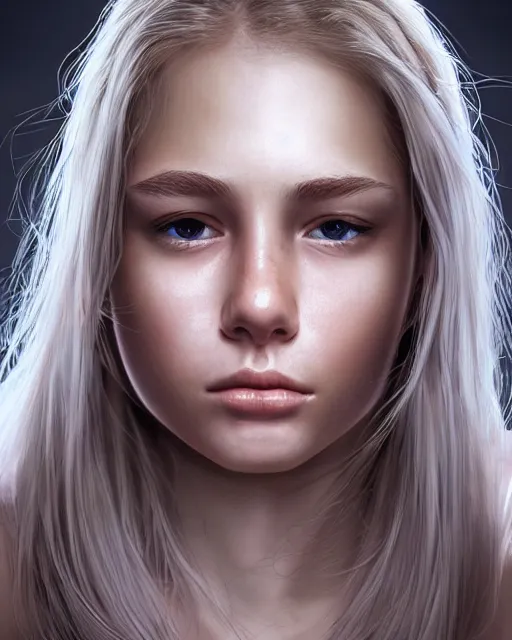 Image similar to portrait of 1 6 - year - old woman with dirty blonde hair down to her waist, pale eyebrows and protuberant silver eyes, wearing white shirt, hyper realistic face, beautiful eyes, character art, art by mark brooks, hyperdetailed, cryengine, trending on artstation, digital art