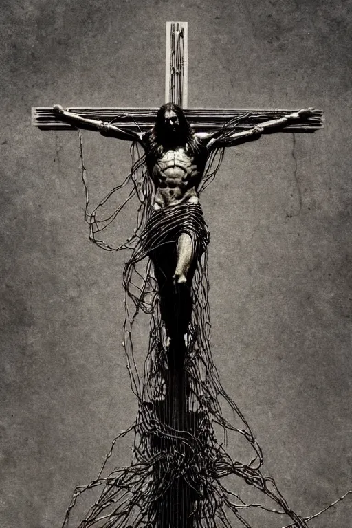 Image similar to full body shot of a cybernetic jesus on the cross, wires, cyberpunk art by beksinski and giger and seb mckinnon and josan gonzalez, digital art, highly detailed, intricate, sharp focus, trending on artstation hq, deviantart, pinterest, unreal engine 5, 4 k uhd image