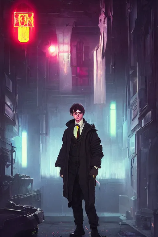 Image similar to Portrait of Harry Potter in cyberpunk, implants, neon cinematic lighting, digital art from artstation by Ruan Jia and Mandy Jurgens and Artgerm and william-adolphe bouguereau and Greg Rutkowski and Wayne Barlowe