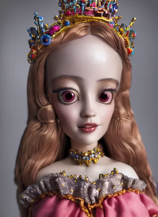 Image similar to closeup profile portrait of tin toy fairytale princess wearing a crown, bikini, depth of field, zeiss lens, detailed, symmetrical, centered, fashion photoshoot, by nicoletta ceccoli, mark ryden, lostfish, breathtaking, 8 k resolution, extremely detailed, beautiful, establishing shot, artistic, hyperrealistic, octane render