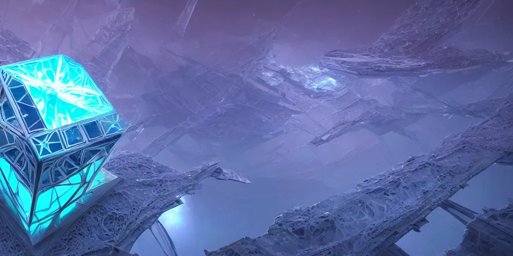 Image similar to cinematic still of the great hypercube, futuristic holography!! elven city, galactic nebula, desolate, ice, river, snow:: by beeple and James Gilleard and Justin Gerard :: ornate, dynamic, particulate, intricate, elegant, highly detailed, centered, artstation, smooth, sharp focus, octane render, nvidia raytracing demo, masterpiece