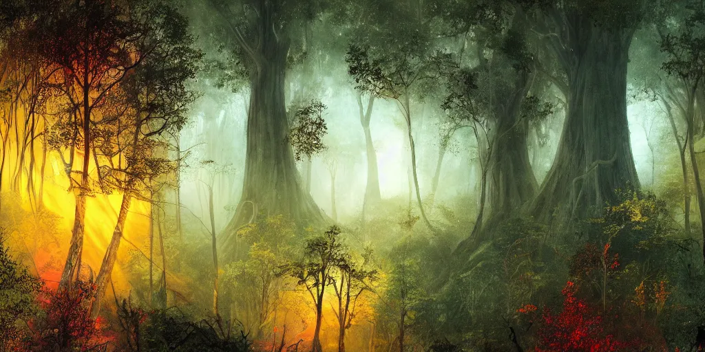 Prompt: ancient neurons with yellow and red glowing synapses running through the forest fueling the matriarch of trees in the mountains, light creeps through the dense jungle, jungle mountains in the background with huge incredibly immense trees, highly detailed, hyperrealism, trending on art station, ancient forest like fanal forest or fangorn forest, misty forest, realistic painting, sharp image, hyper realistic art, highly detailed leaves, cinematic