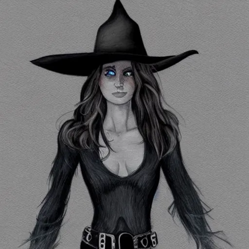 Image similar to beautiful cowboy witch, wild west, minimalist, concept art, colored pencil drawing, trending on artstation