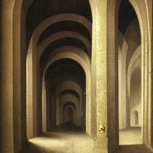 Image similar to pieter s aenredam interior of an occult temple of dagon. arcade of arches