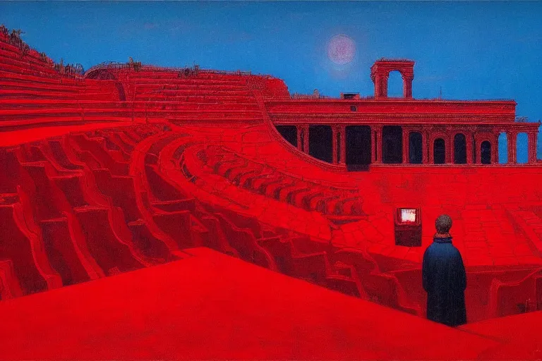 Image similar to only with red, a red melted emperor, taormina amphitheatre, crowd hails him, in the style of beksinski, parts by edward hopper, parts by rodcenko, parts by yue minjun, intricate and epic composition, red by caravaggio, insanely quality, highly detailed, masterpiece, red light, artstation, 4 k