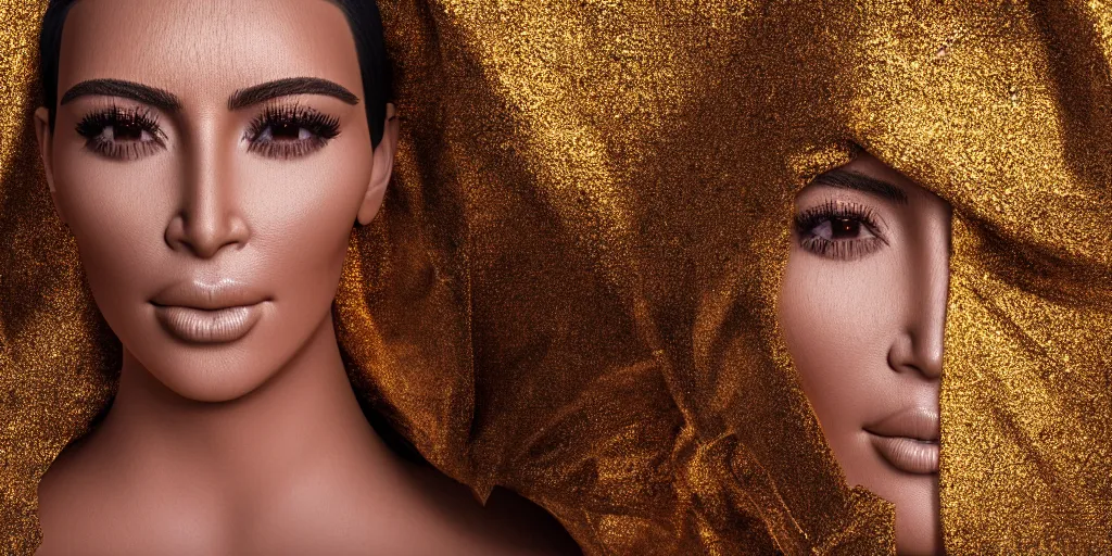 Image similar to macro portrait photograph of a glowing kim kardashian in a hood made of gold fabric at coachella, sparkling, ultra realistic, unreal 5 engine render, octane render, digital painting, smooth, elegant, pop art style, 8 k, 3 5 mm film grain,