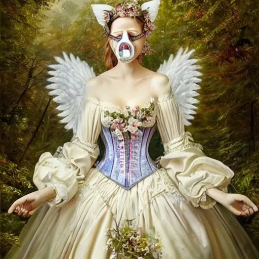 Image similar to A masterpiece ultrarealistic ultradetailed portrait of a Incredibly beautiful angel armored princess knight IN INCREDIBLE FEARFUL sharp poisoned GAS MASK WITH FLOWERS and swarovski crystals. baroque renaissance. in the forest. White amazing corset. medium shot, intricate, elegant, highly detailed. trending on artstation, digital art, by Stanley Artgerm Lau, WLOP, Rossdraws, James Jean, Andrei Riabovitchev, Marc Simonetti, Yoshitaka Amano. background by James Jean and Gustav Klimt, light by Julie Bell, 4k, porcelain skin. BY ZDIZISLAW BEKSINSKI Cinematic concept art