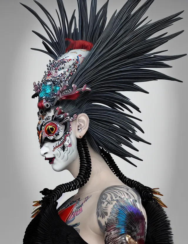 Image similar to 3 d goddess close - up profile portrait punk with mohawk with ram skull. beautiful intricately detailed japanese crow kitsune mask and clasical japanese kimono. betta fish, jellyfish phoenix, bio luminescent, plasma, ice, water, wind, creature, artwork by tooth wu and wlop and beeple and greg rutkowski