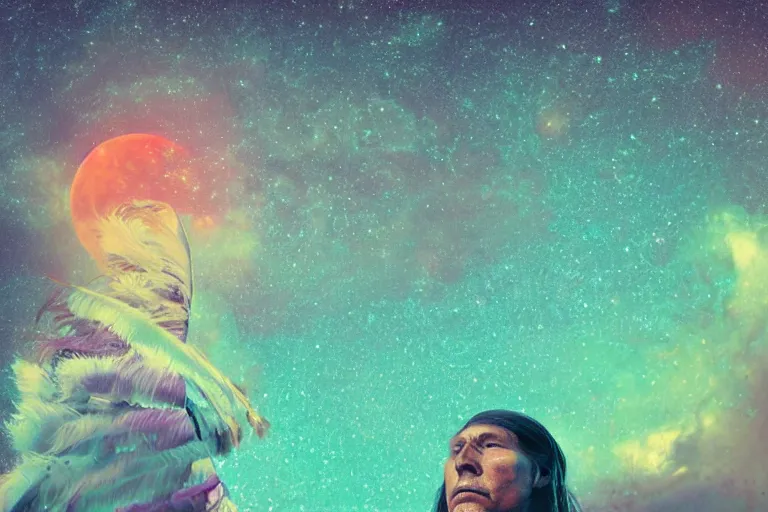 Image similar to photograph of a spiritual native american man looking up at the stars, art, universe, blender, pastel colors, synthwave, retro, cyberpunk,