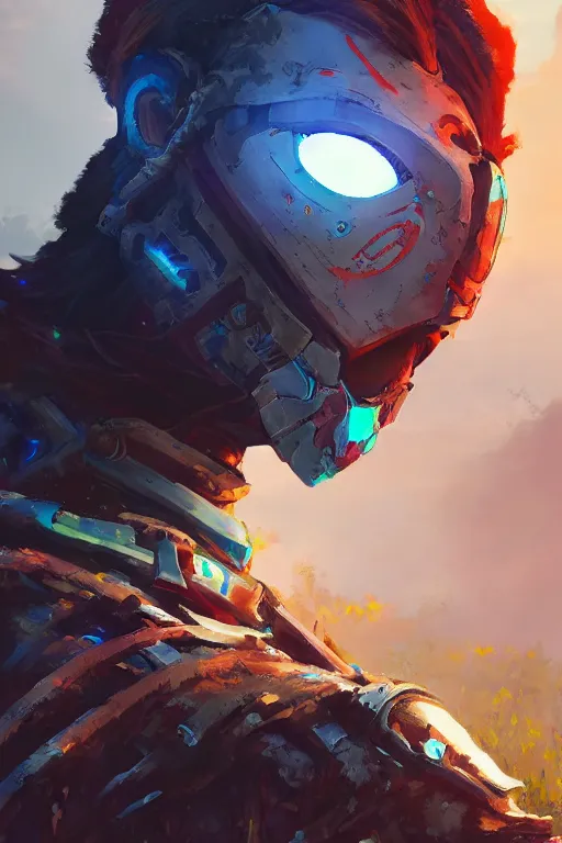 Image similar to combination suit armor aloy horizon forbidden west horizon zero dawn radiating a glowing aura global illumination ray tracing hdr fanart arstation by ian pesty and alena aenami artworks in 4 k tribal robot ninja mask helmet backpack