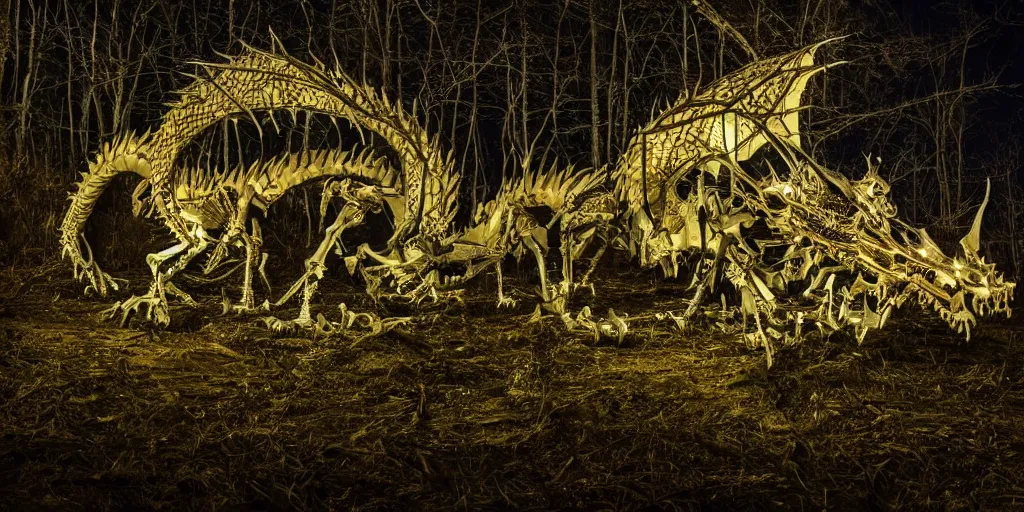 Prompt: mysterious dragon skeleton at night, in the forest